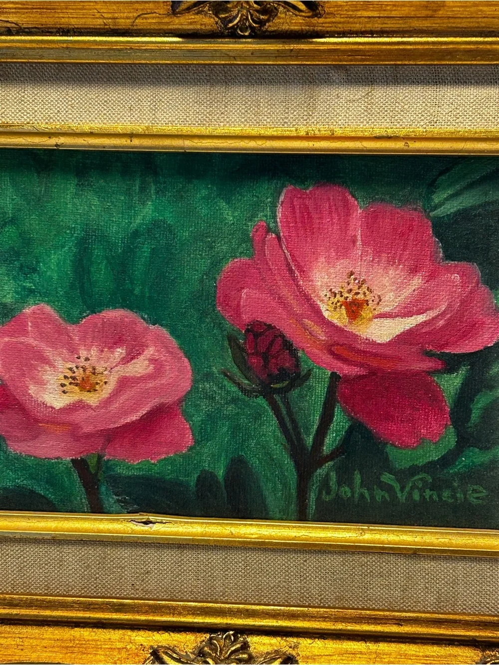 Vintage Signed Hand-Painted Pink Floral Green Ornate Gold Frame Original Artwork